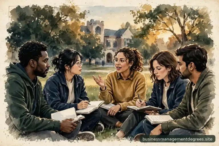 Diverse students in a small discussion group on a campus quad in warm evening light