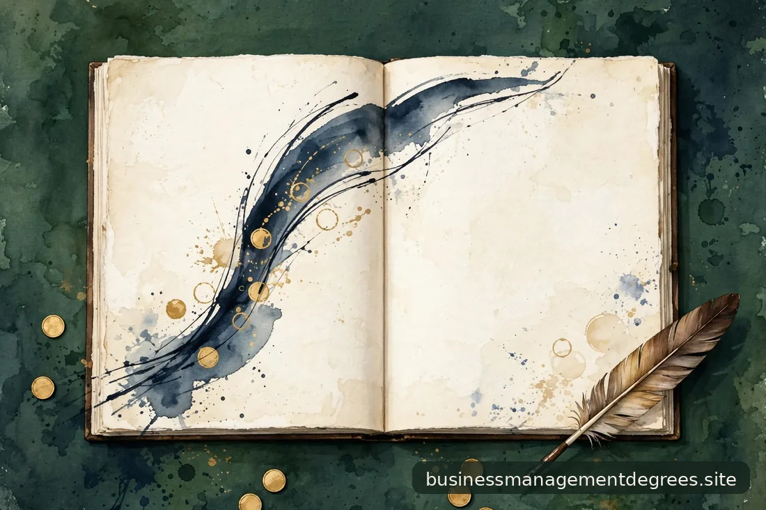 Open ledger with an ink-drawn abstract growth curve and gold accents on paper