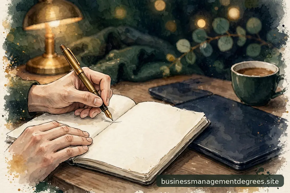 Student reviewing notes and a laptop at a wooden desk in warm lamplight