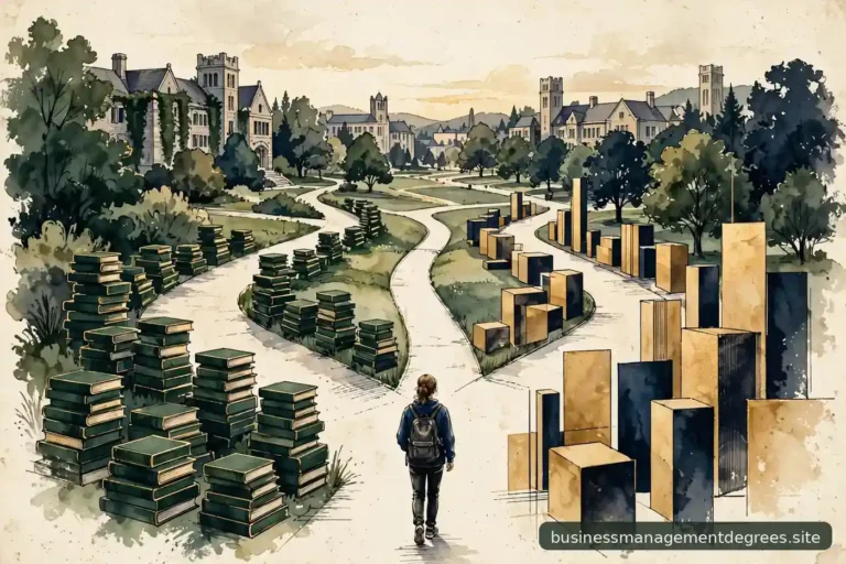 Two diverging ink-drawn paths through an abstract campus landscape at dusk