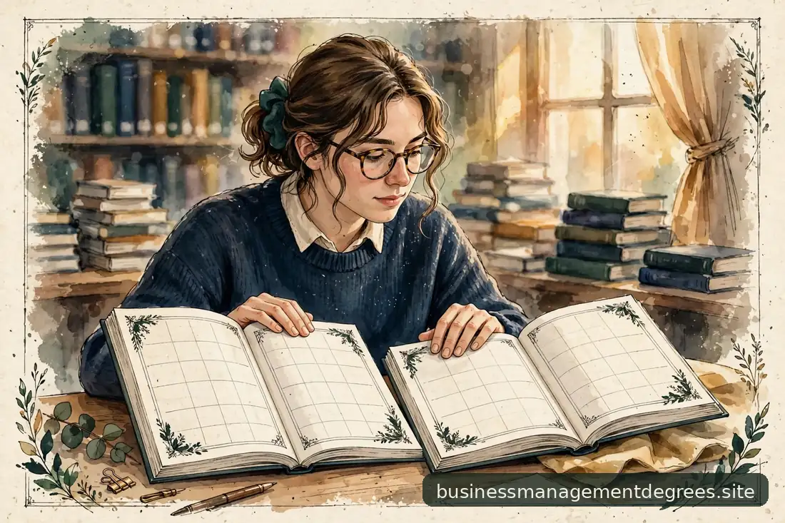Student comparing two course catalogs at a library table in warm light