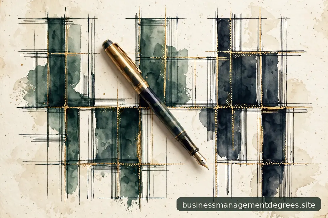 Abstract ink ledger columns with gold highlights on cream paper