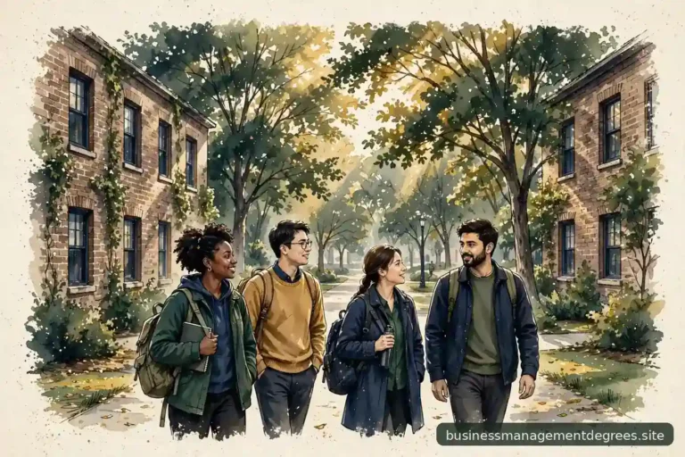 Community college campus scene with diverse students walking between brick buildings