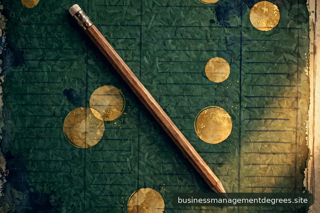 Abstract gold coins and ink ledger entries on deep green paper