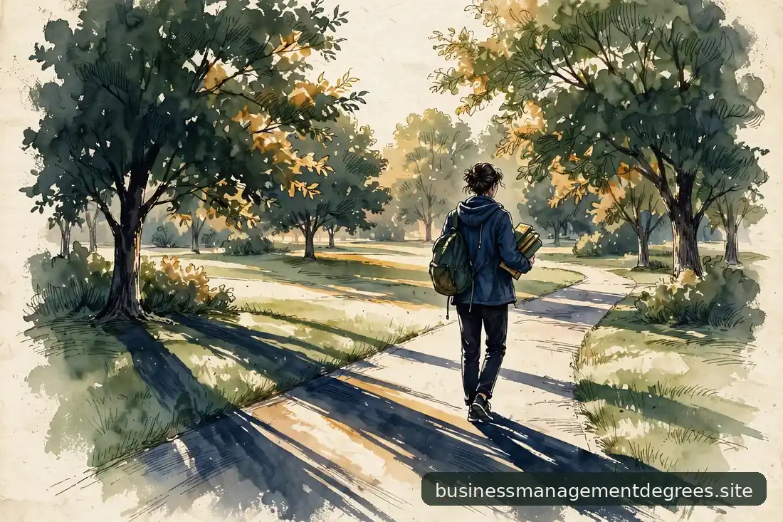 Student walking across a sunlit campus path carrying books
