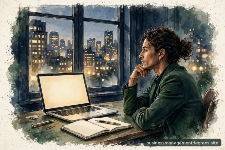 Professional studying at a desk at dusk with city lights beyond the window