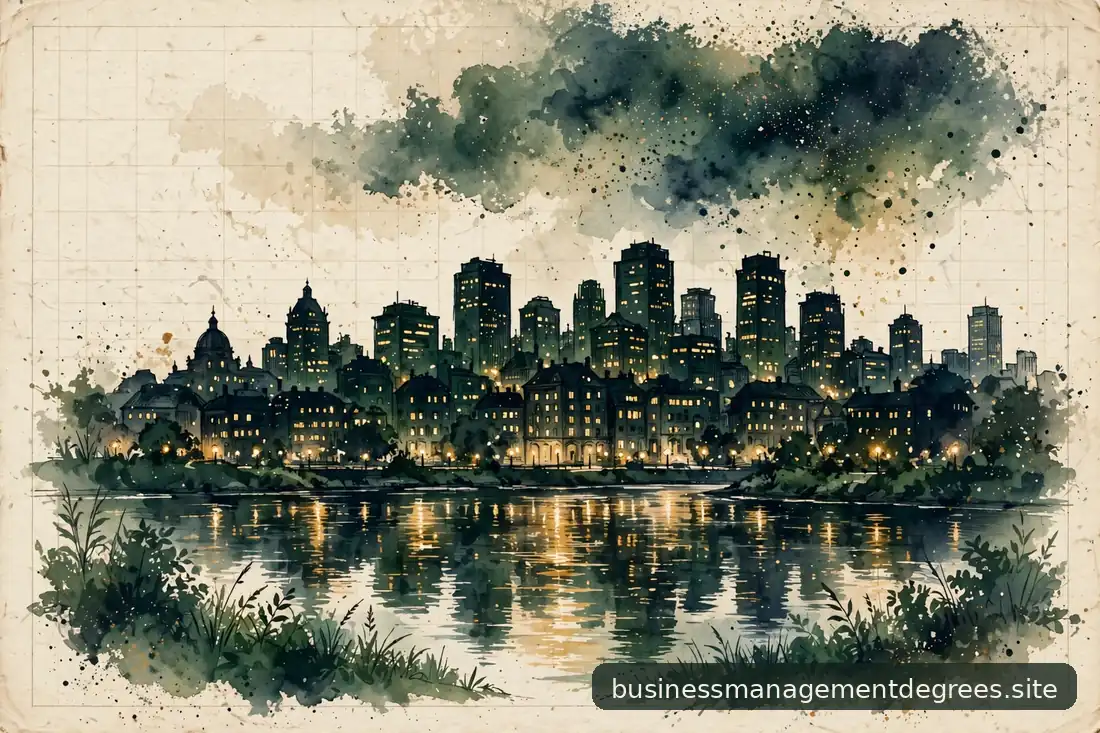 City skyline at dusk in deep green and gold tones