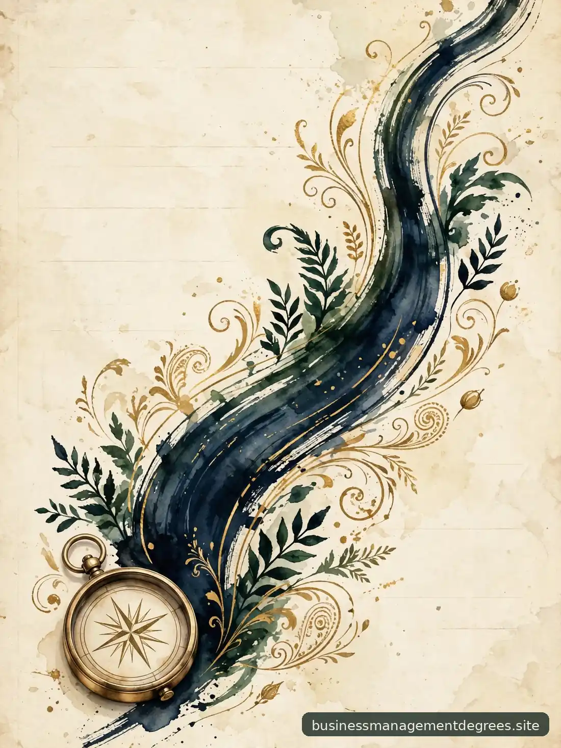 Abstract ink-drawn ascending curve with gold accents on paper