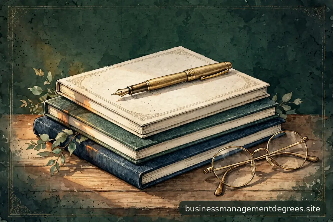 Still life of notebooks, a pen, and reading glasses on a wooden desk