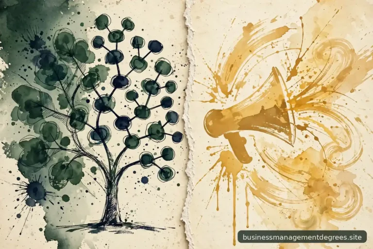 Abstract split composition of an organizational chart motif and creative campaign motif in ink and gold