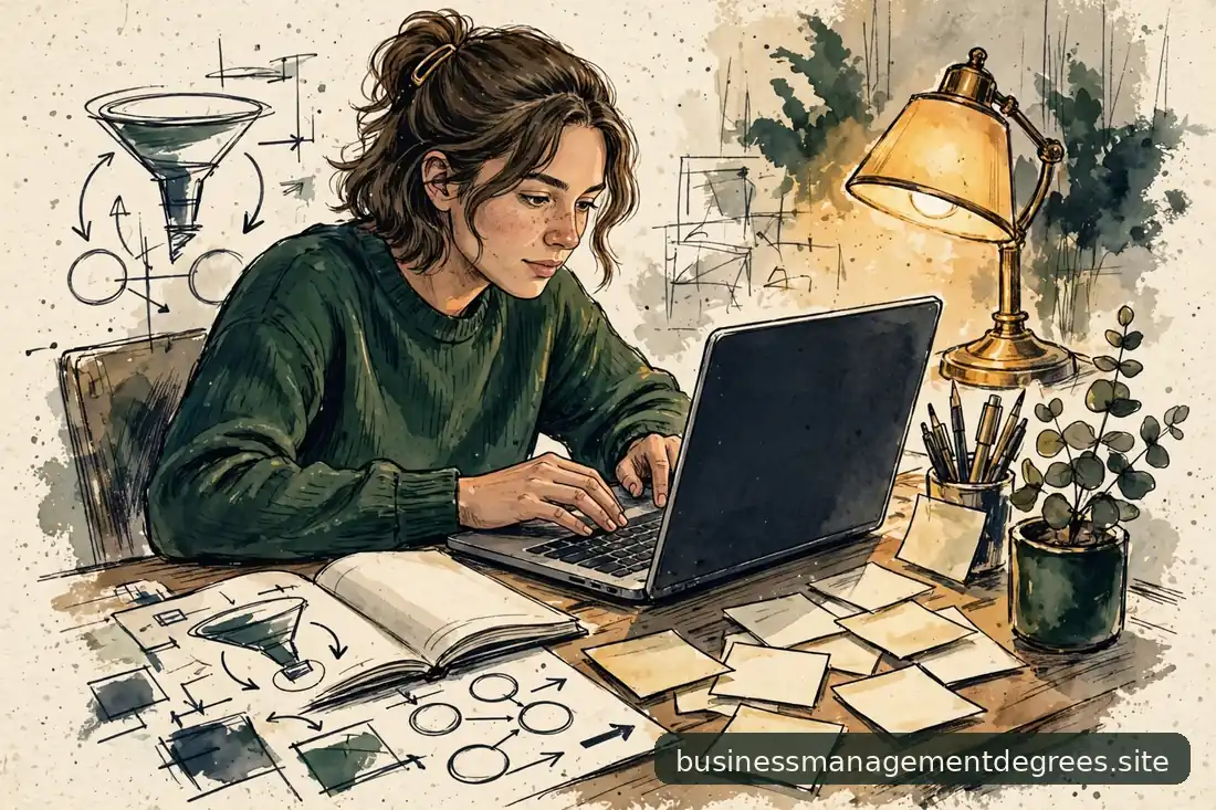 Student working on a laptop with marketing sketches and notes spread on a desk