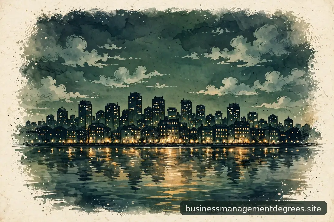 City skyline at dusk with warm gold windows against deep green sky
