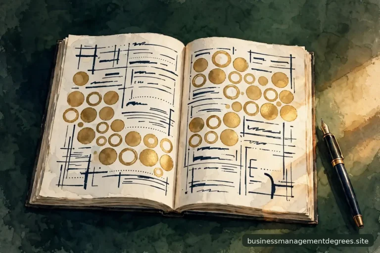 Open ledger book with gold coins and ink entries on a deep green desk