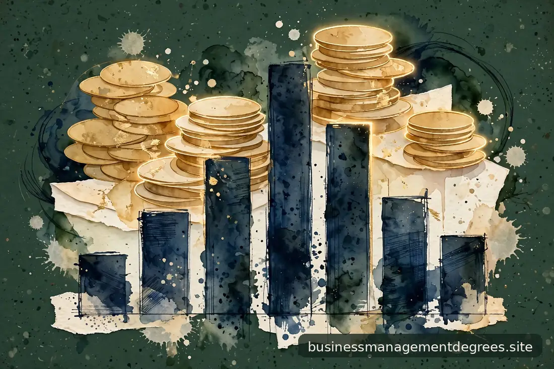 Abstract stacked coins and ledger bars in gold on dark green paper