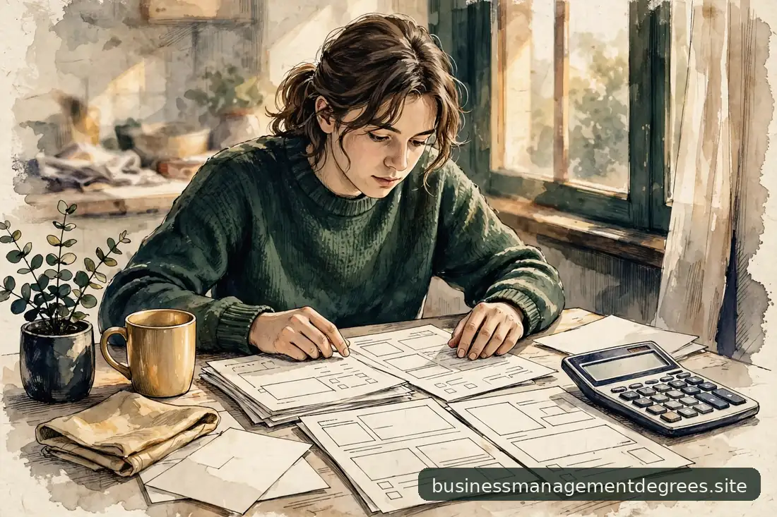Student reviewing financial aid papers at a kitchen table in warm light