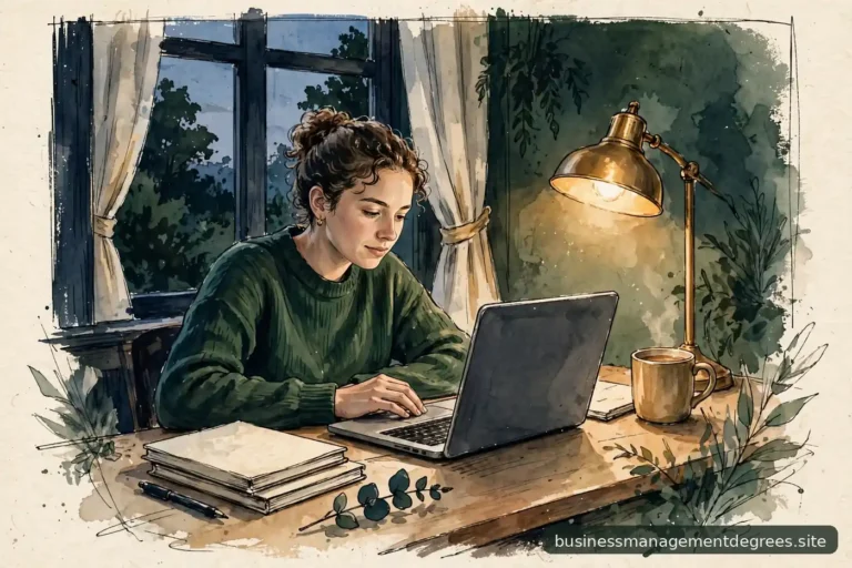 Student studying on a laptop at home in warm lamplight with notebooks nearby