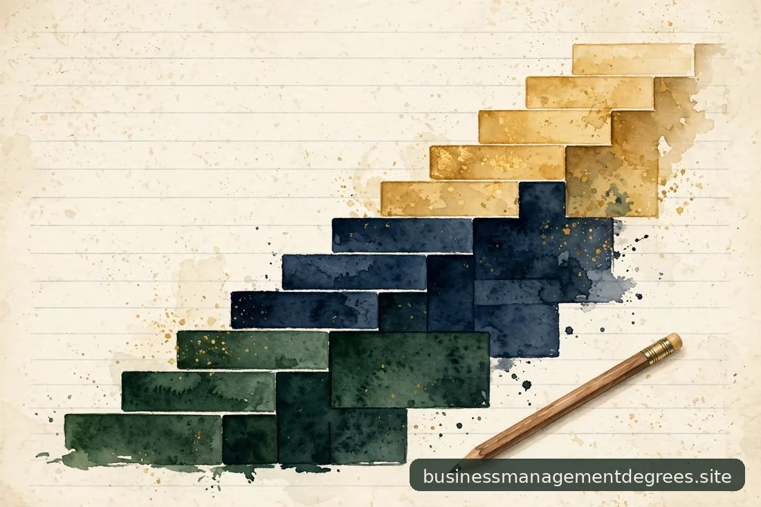 Abstract blocks representing credit hours stacked in gold and green on paper
