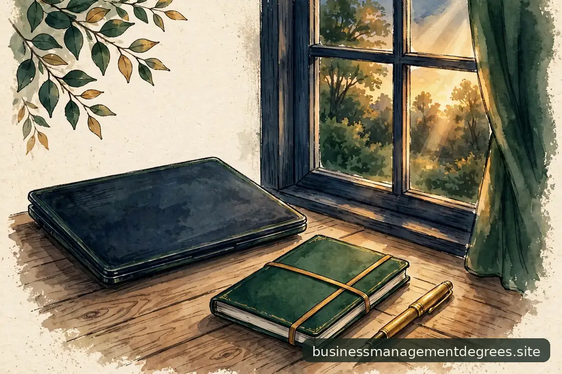 Laptop and notebook still life on a desk beside a window with evening light