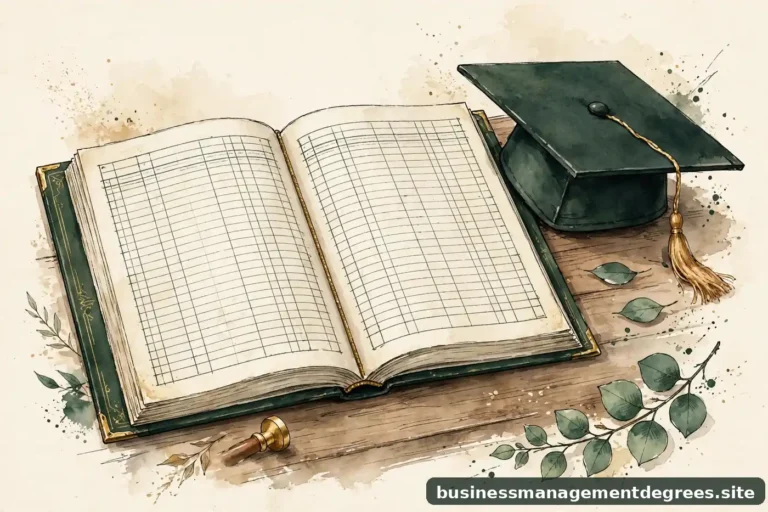 Editorial illustration of an open ledger with a graduation cap resting on it, warm ink-green and gold tones