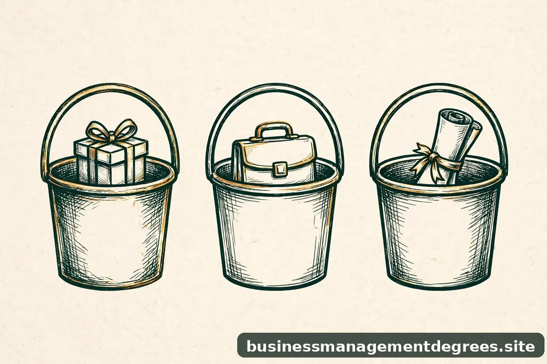 Illustration of three aid buckets: a gift box for grants, a briefcase for work-study, a document scroll for loans