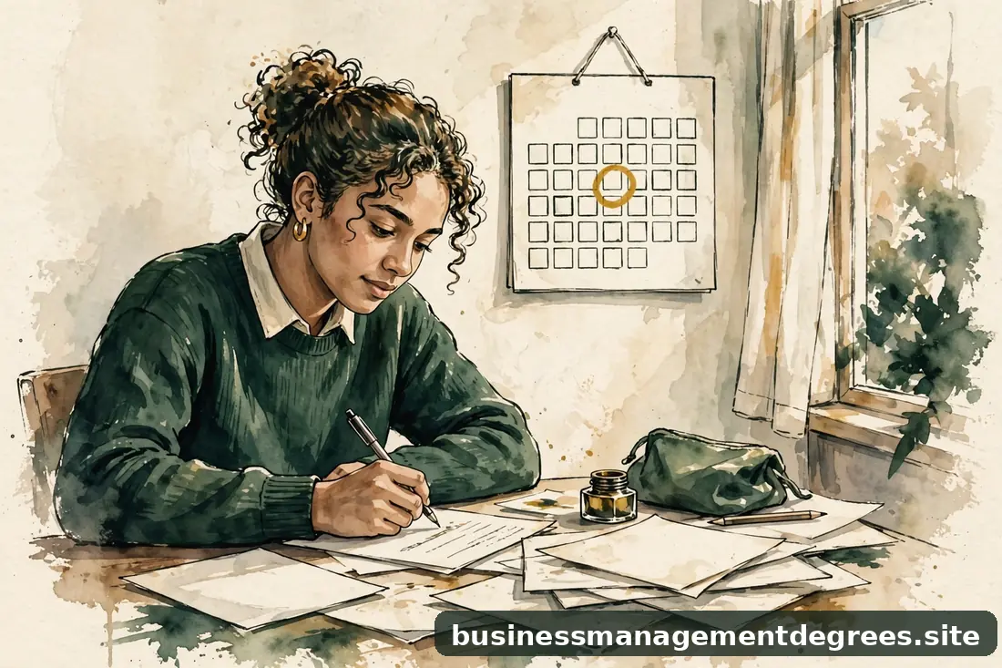 Warm illustration of a student filing paperwork at a desk with a calendar showing early deadline circled