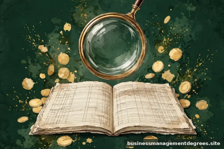 Editorial illustration of a magnifying glass over an open ledger page, gold coins as abstract shapes, ink-green background
