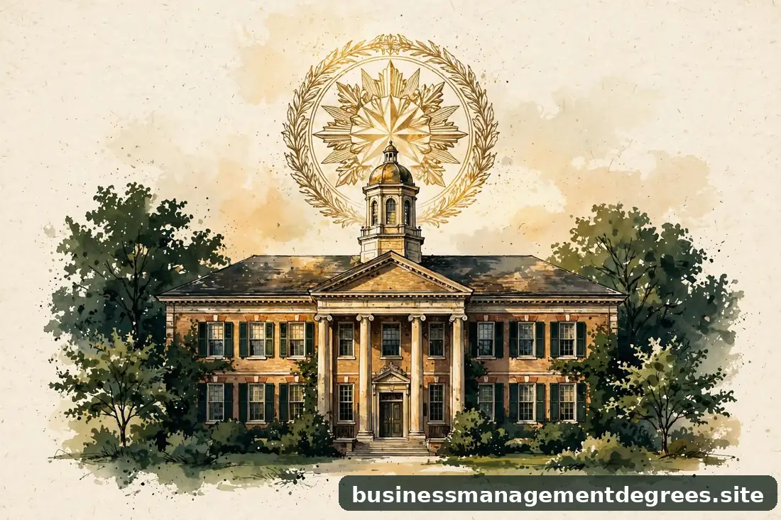 Warm illustration of a university building with an abstract golden scholarship seal floating above it