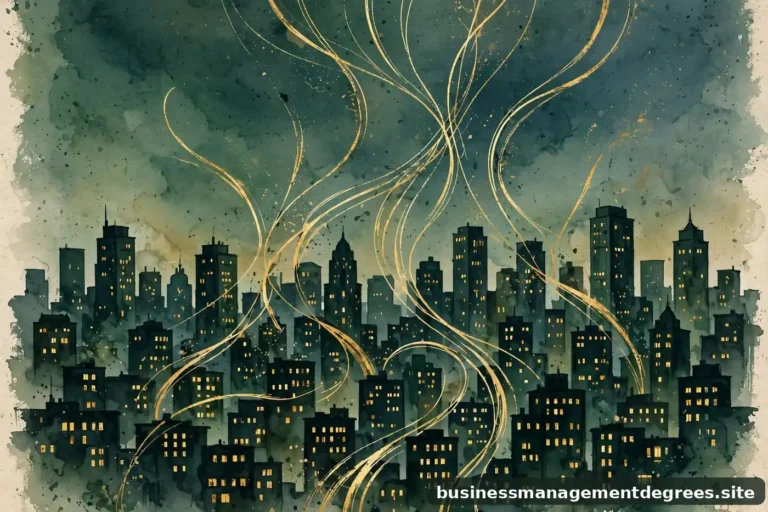 Dusk skyline illustration in ink-green and gold, with abstract career path lines rising between buildings