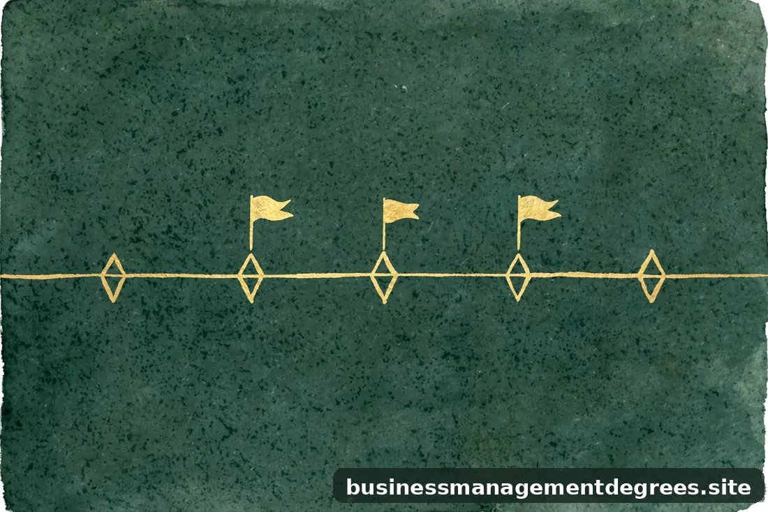 Abstract illustration of a project timeline with milestone markers drawn in gold ink on dark green paper