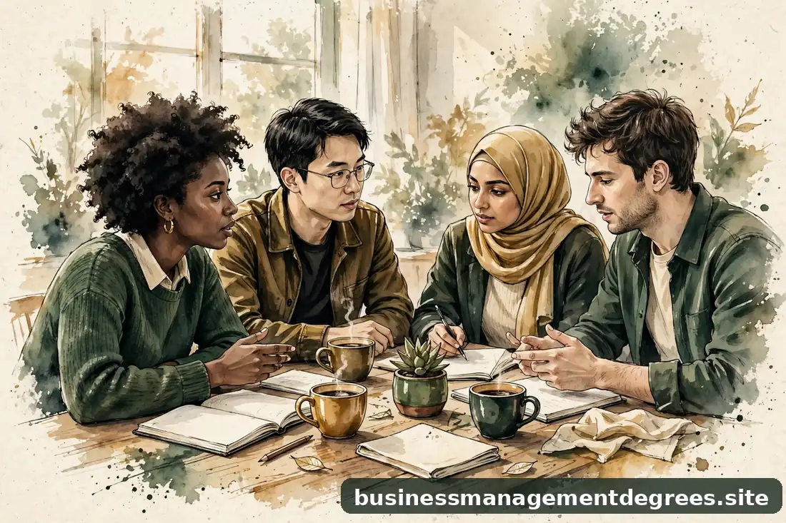 Warm illustration of diverse young professionals in a small team discussion around a table with notebooks