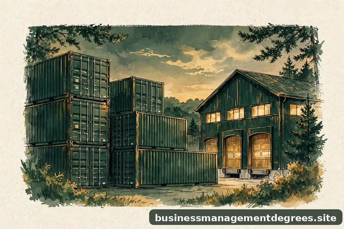 Warm illustration of shipping containers and a warehouse drawn in ink style, representing supply chain careers