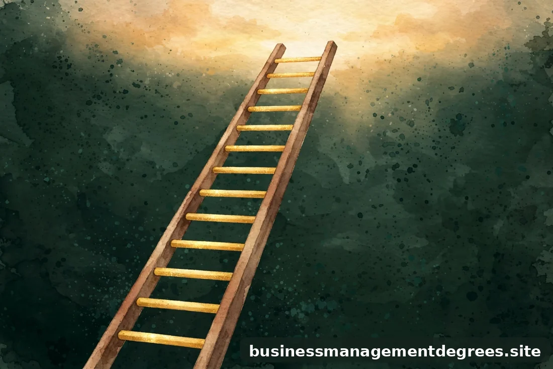 Illustration of a ladder with gold rungs ascending against a dark ink-green background, symbolizing career progression