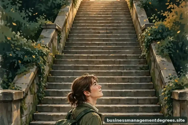 Warm editorial illustration of a young graduate at the foot of a career staircase, ink-green and gold tones