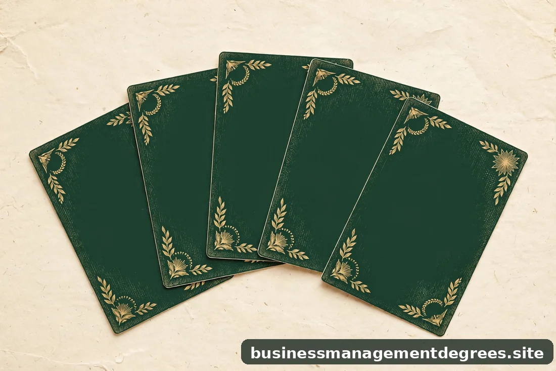 Illustration of job title cards fanned out like a hand of cards on a paper-cream desk