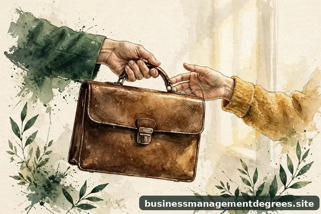 Warm illustration of two hands exchanging a briefcase, symbolizing the internship-to-job handoff