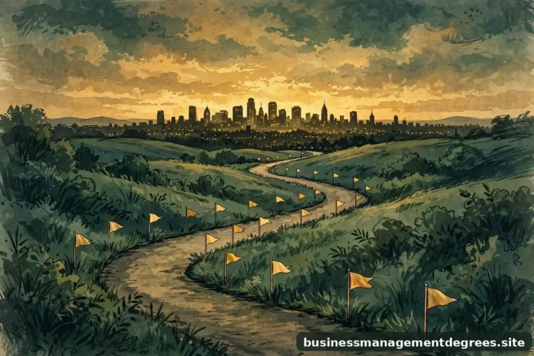 Illustration of a winding path with milestone flags leading to a distant skyline at dusk, gold and ink-green