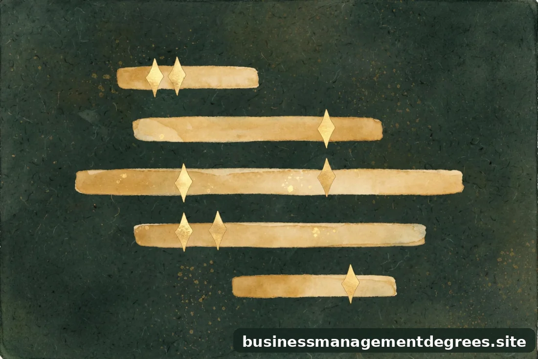 Abstract illustration of a Gantt-style timeline with gold milestone diamonds on dark green paper