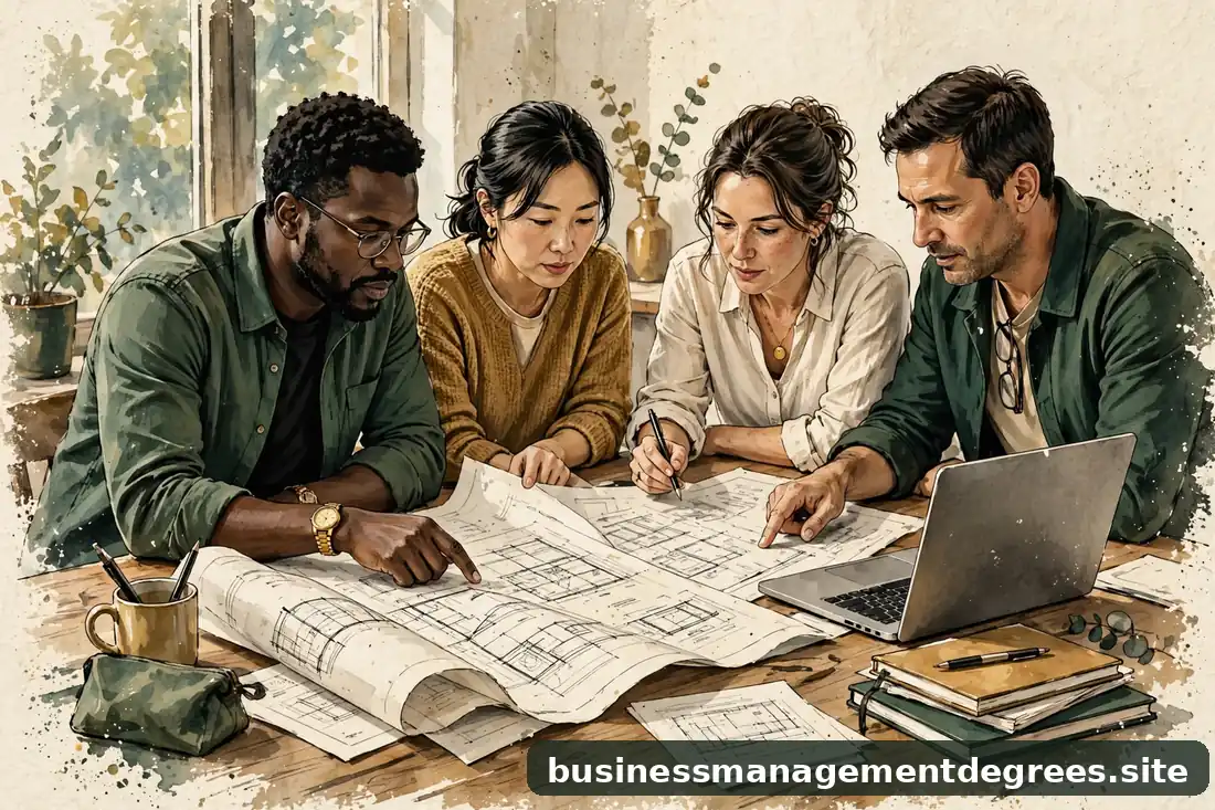 Warm illustration of a diverse project team around a table reviewing plans, notebooks and laptop as still life