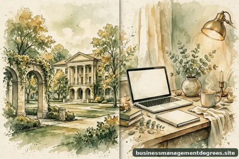 Split illustration: a campus quad scene beside a home study desk with laptop, unified ink-green palette