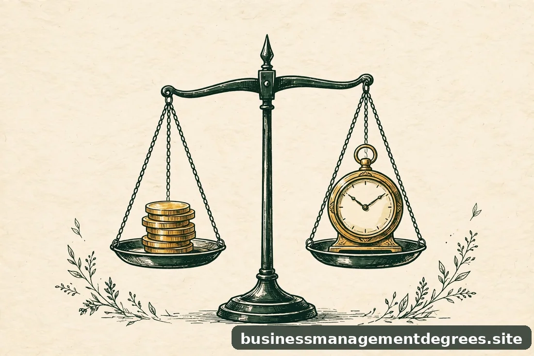 Illustration of a balance scale weighing coins against a clock, representing cost versus time trade-offs