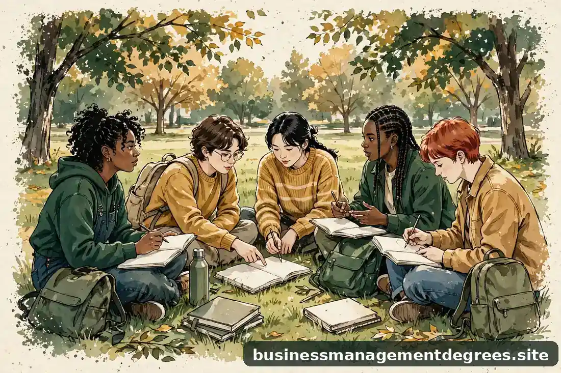 Warm illustration of diverse students collaborating on a campus quad with notebooks, soft afternoon light