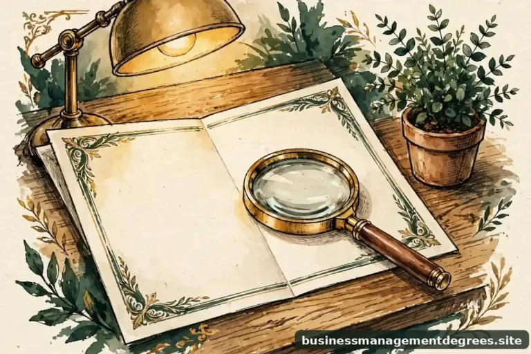 Editorial illustration of a hiring manager's desk with a magnifying glass over an abstract diploma, warm ink-green tones