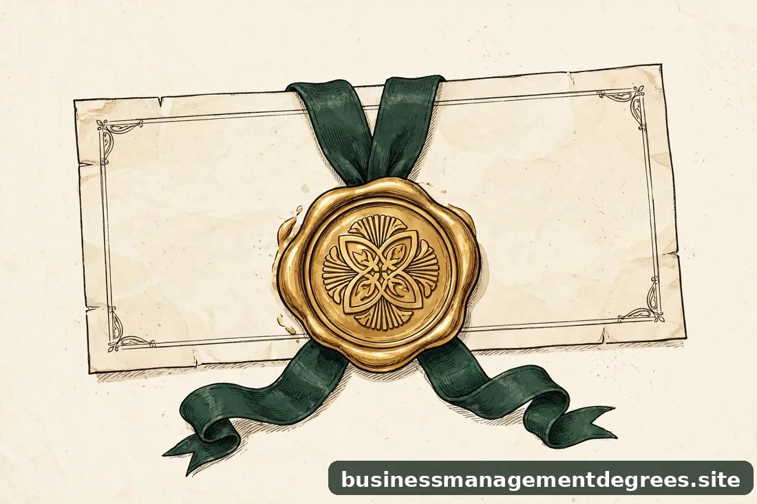 Illustration of an official seal stamp on a diploma document, abstract gold seal with no readable text