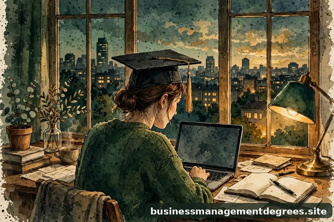 Warm illustration of a graduate working at a home desk with laptop, city skyline visible through window at dusk