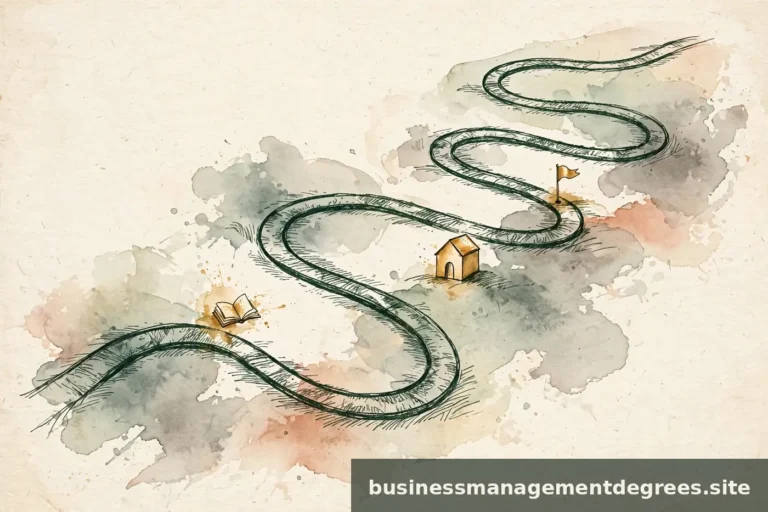 Illustration of a winding path across a ledger page showing education timeline milestones