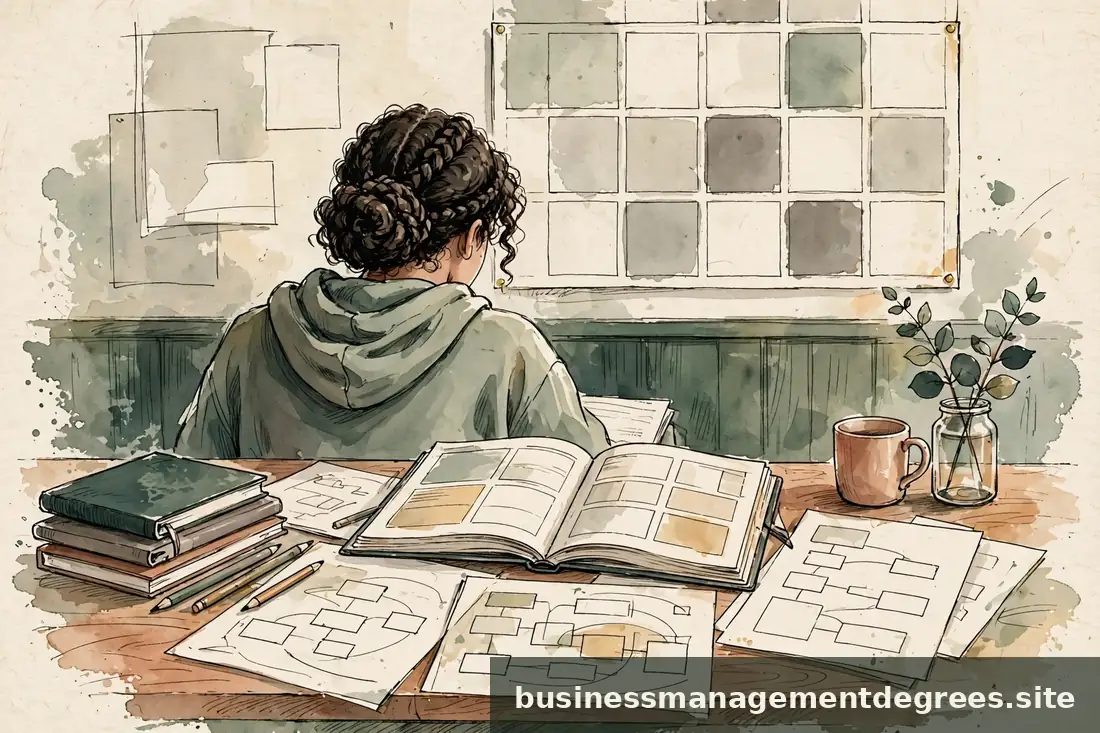 Student reviewing a study plan at a desk with notebooks and a wall calendar