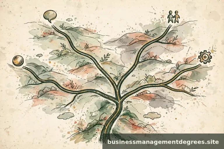 Illustration of four branching paths in an ink-drawn map labeled by abstract career motifs
