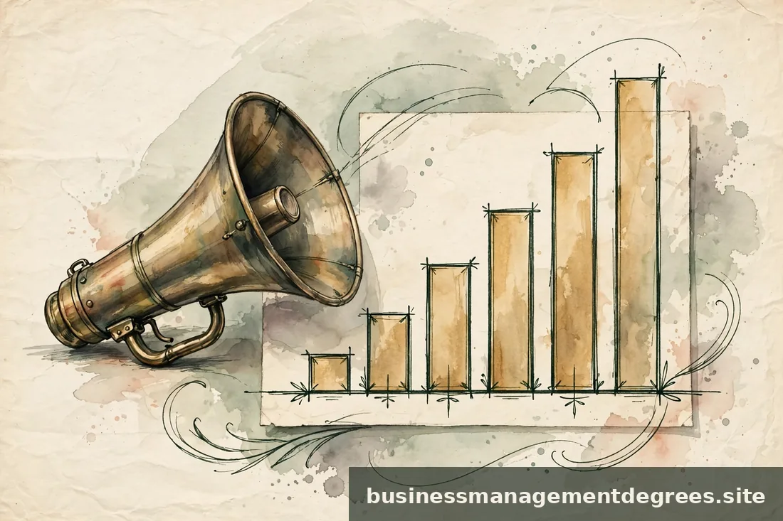 Abstract illustration of a megaphone and rising ink chart motifs on paper