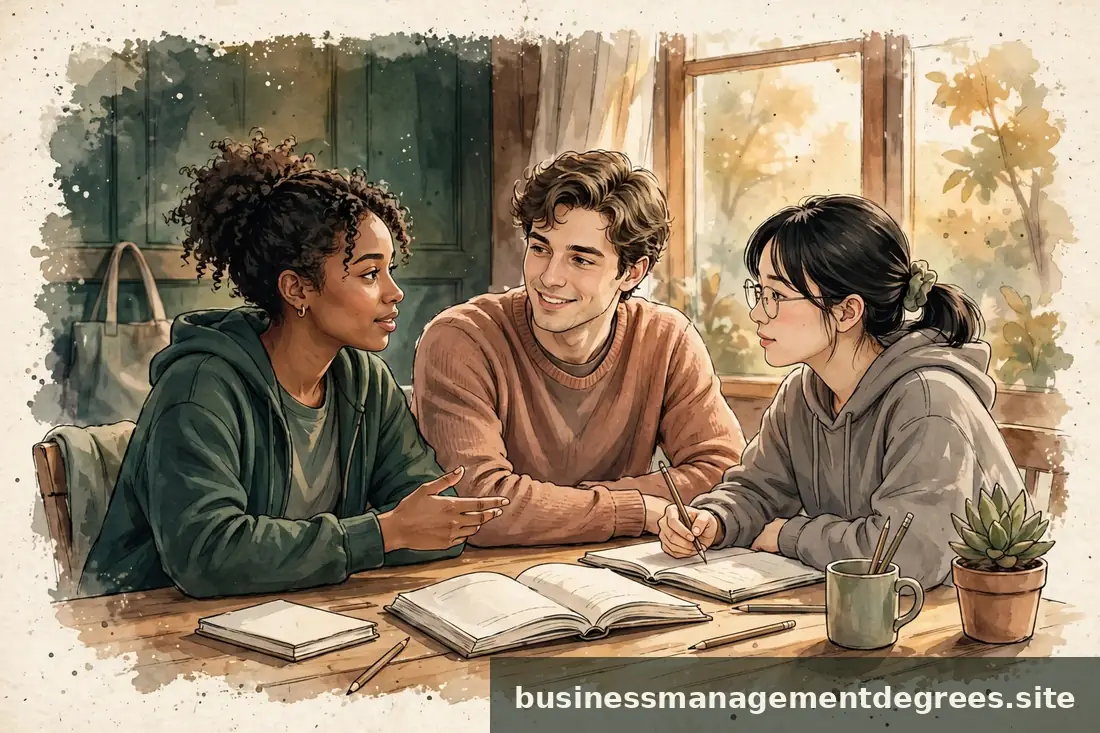 Diverse students in a small group discussion around a table with notebooks