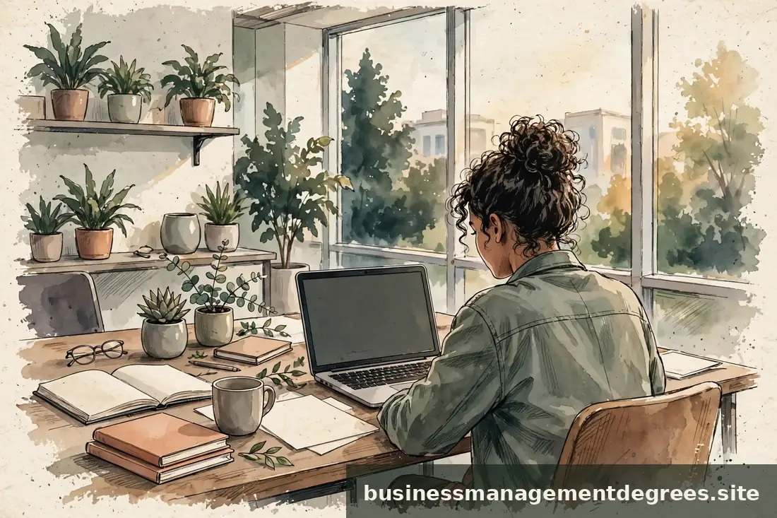 Student intern working at a desk in a bright office, viewed from behind